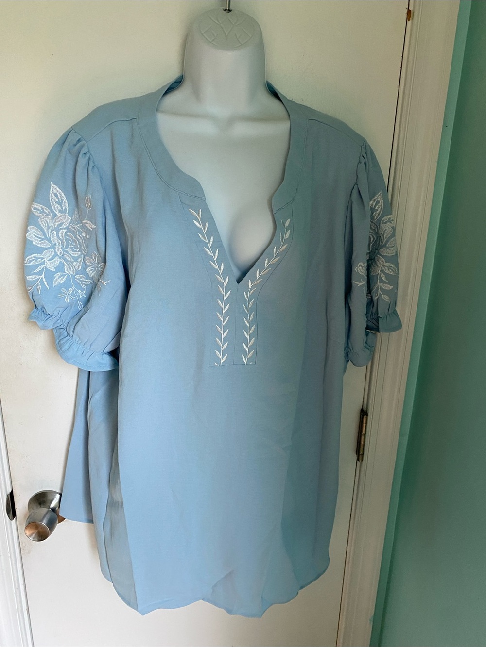 Bloomchic Embroidered V-Neck puff sleeve  Tunic Top